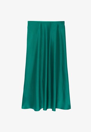 Jupe midi en satin bleu sarcelle avec une texture lisse et fluide et une légère brillance, dotée d'une taille ajustée et de plis subtils.