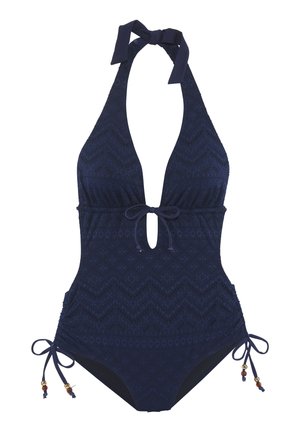 Navy blue one-piece halter swimsuit with textured geometric pattern, front keyhole, tie closures at neck, waist, and sides with bead accents.