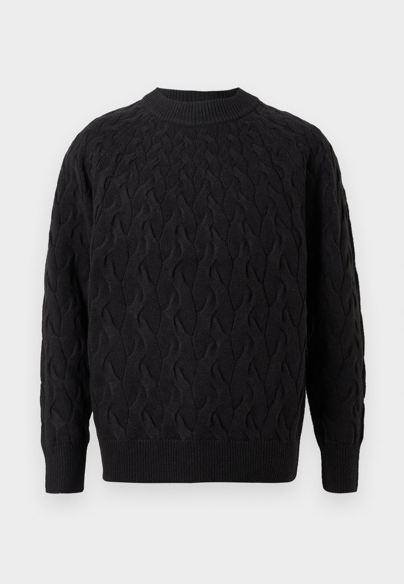 Maglione nero a trecce con scollo rotondo, caratterizzato da un motivo strutturato e da polsini e orlo a coste per un dettaglio in più.