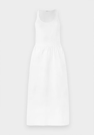 Abito maxi bianco con design senza maniche, scollatura rotonda, vita cintrata e gonna fluida. Realizzato in un tessuto leggero.