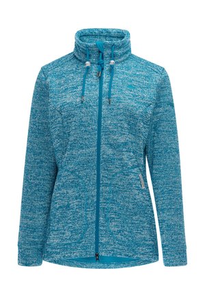 Blauer Fleecejacke mit durchgehendem Reißverschluss, hohem Kragen, verstellbaren Kordeln und Seitentaschen, mit melierter Strickstruktur.