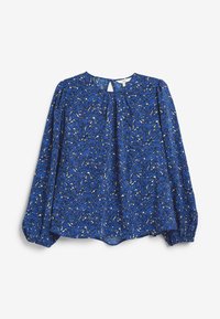 Blusa blu a maniche lunghe con pattern floreale, dotata di collo rotondo, dettaglio a chiave sul retro e maniche arricciate. Tessuto leggero.
