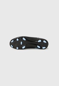 Svarte sportsko såler med teksturert overflate, med lyseblå detaljer og flere runde grep podder for bedre feste.