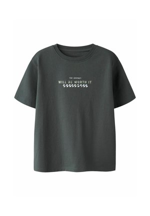 Dark gray short-sleeve t-shirt with round neck and text "THE JOURNEY WILL BE WORTH IT" above a checkered pattern on the chest.