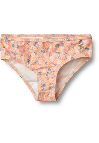Blommiga bikiniunderdelar i pastellrosa med blå och gula blommor. Mjuk tyg, medelhög design och elastisk midja för komfort.