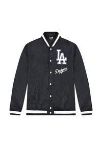 Zwarte varsityjack met witte accenten, voorzien van een geborduurd "LA"-logo en "Dodgers". Zachte, gladde textuur, drukknoopsluiting, zijzakken.