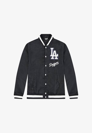 Giacca varsity nera con dettagli bianchi, caratterizzata da un logo ricamato "LA" e la scritta "Dodgers". Tessuto morbido e liscio, chiusura a bottoni a pressione, tasche laterali.