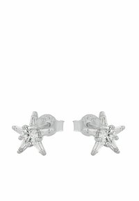 Pendientes destud en forma de estrella en tono plateado que presentan una gema clara en el centro, con acentos de cristal radiante y un acabado pulido.