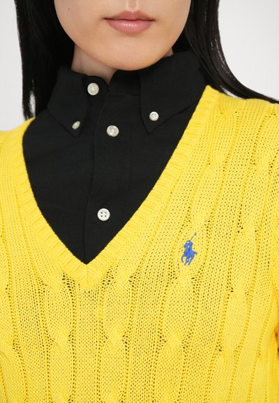 Dzeltens adīts džemperis ar V veida izgriezumu, pārģērbts virs melnas apkaklītes krekla. Kreisajā pusē atrodas zils logotips.