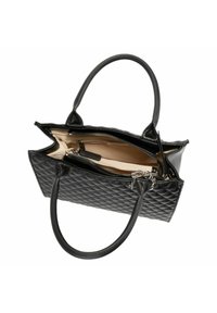 Borsa a mano nera trapuntata con due manici, dotata di un comparto con zipper e un interno beige con una tasca più piccola con zip.
