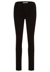 Jeans skinnies de mezclilla negra con un diseño ajustado, estilo de cinco bolsillos y cierre de botón. La tela parece elástica y suave.