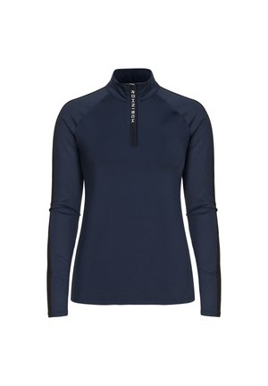 Marineblå langærmet sportstop med kvart lynlås og høj krave, med vertikal hvid "Röhnisch" tekst på lynlåslukningen.