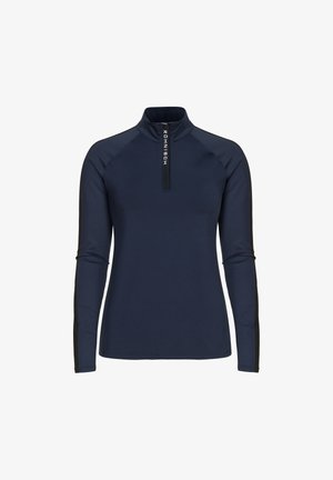 Haut de sport bleu marine à manches longues avec un quart de zip et un col montant, comportant un texte vertical blanc "Röhnisch" sur le protège-zip.