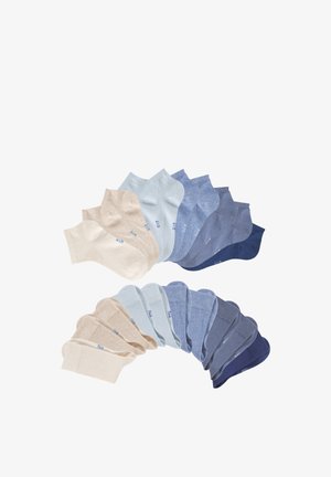 Collection of ankle socks in various shades of beige, blue, and dark blue. Cotton blend fabric with ribbed cuffs and printed branding.