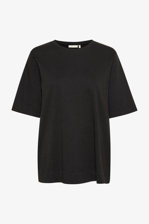 Svart kortärmad t-shirt med rund halsringning, mjukt bomullstyg, avslappnad passform och inga synliga mönster eller detaljer.