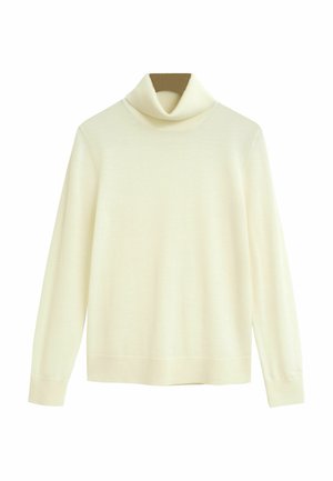 Cremefarbener Rollkragenpullover aus weichem Strickstoff. Mit langen Ärmeln und einer lockeren Passform, die eine glatte Textur und ein minimales Design aufweist.