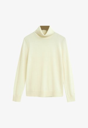 Cremefarbener Rollkragenpullover aus weichem Strickstoff. Mit langen Ärmeln und einer lockeren Passform, die eine glatte Textur und ein minimales Design aufweist.