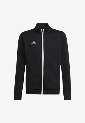 Schwarze Zip-Jacke aus glattem Stoff mit hohem Kragen, weißem Reißverschluss und gesticktem Logo auf der linken Brust.
