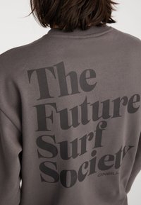 Šedá mikina s výrazným textem "The Future Surf Society" v černé na zadní straně, kulatý výstřih a jemná textura.
