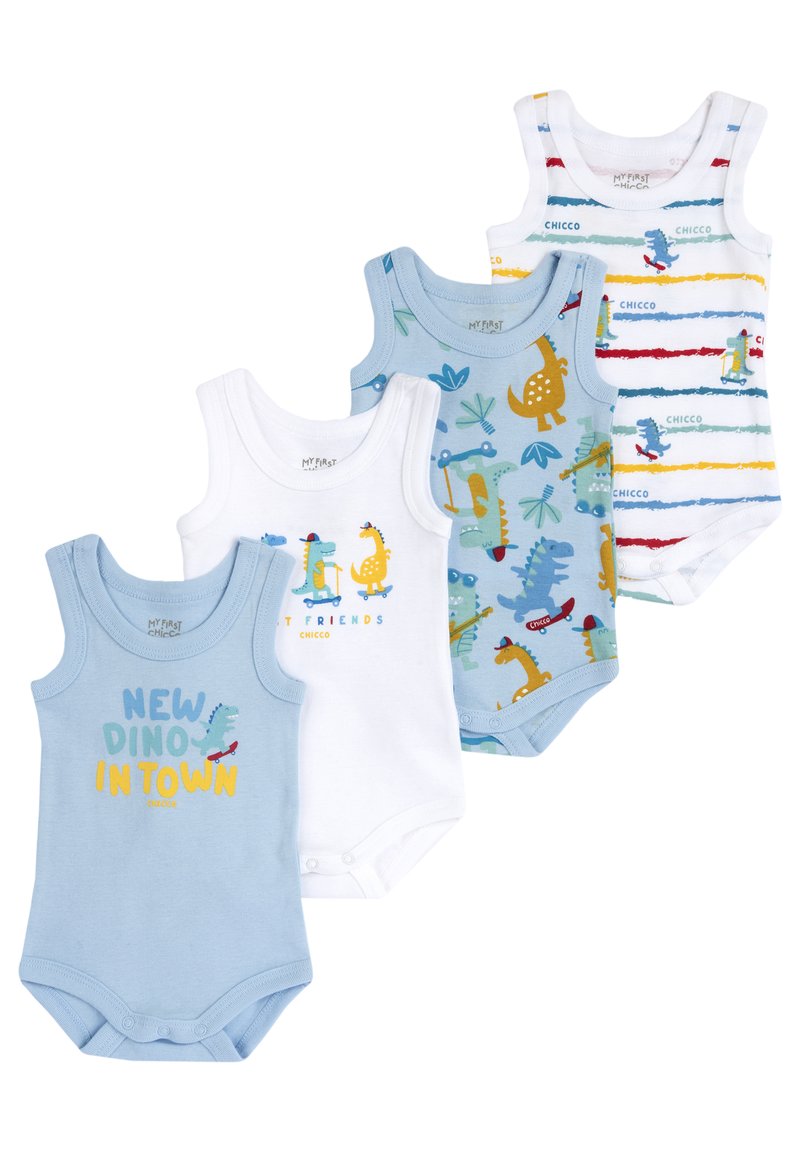 Quatre bodysuits pour enfants : un blanc avec "MES PREMIERS AMIS", un bleu clair avec un motif de dinosaure, un bleu avec des motifs ludiques, et un rayé.
