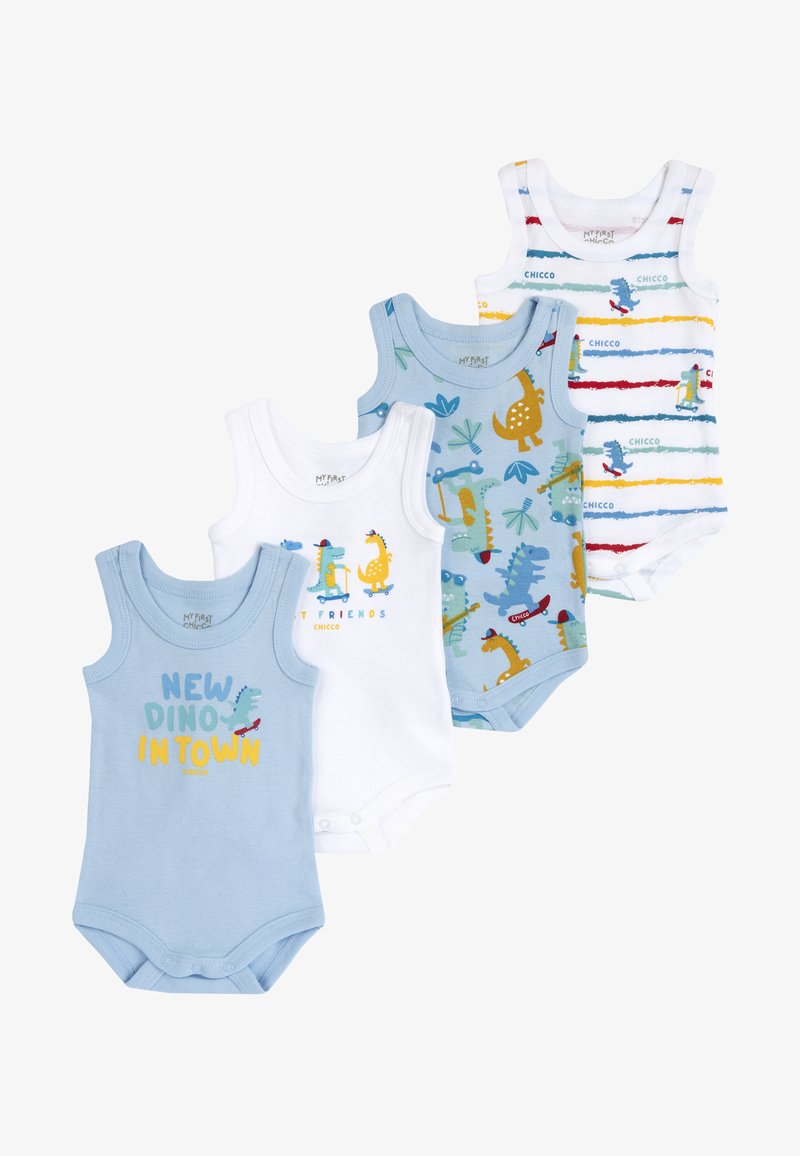 Quatre bodysuits pour enfants : un blanc avec "MES PREMIERS AMIS", un bleu clair avec un motif de dinosaure, un bleu avec des motifs ludiques, et un rayé.
