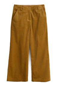 Brown corduroy wide-leg pants with vertical ribbed texture, featuring front pockets and a button closure.