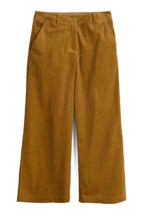 Un pantalon large en velours côtelé marron avec une texture à côtes verticales, doté de poches avant et d'une fermeture à bouton.