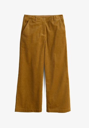 Un pantalon large en velours côtelé marron avec une texture à côtes verticales, doté de poches avant et d'une fermeture à bouton.