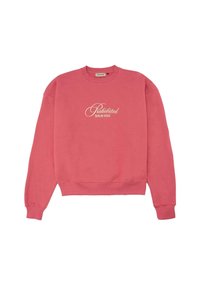 Sweat-shirt rose à col rond avec manches longues et texte blanc "Prohibited Berlin Soho" imprimé au centre devant.