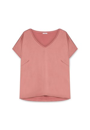 Roze top met korte mouwen en V-hals gemaakt van een gladde stof, voorzien van twee zijzakken en een licht gebogen onderrand voor een relaxte pasvorm.
