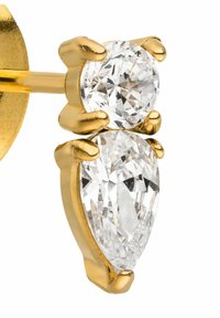 Goldene Ohrringe mit zwei klaren Edelsteinen: einem runden und einem tropfenförmigen, die jeweils von glatten Krappen gehalten werden. Die Steine zeigen einen facettierten Schliff.