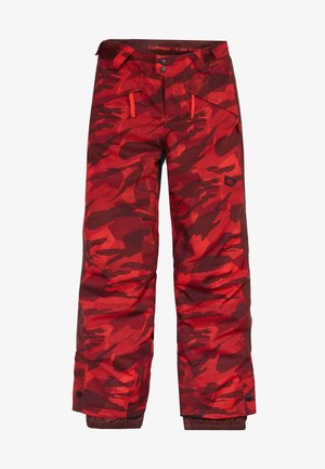 Pantaloni da neve isolanti rosso e rosso scuro con motivo mimetico, tasche frontali con cerniera, vita regolabile e polsini rinforzati alle caviglie.