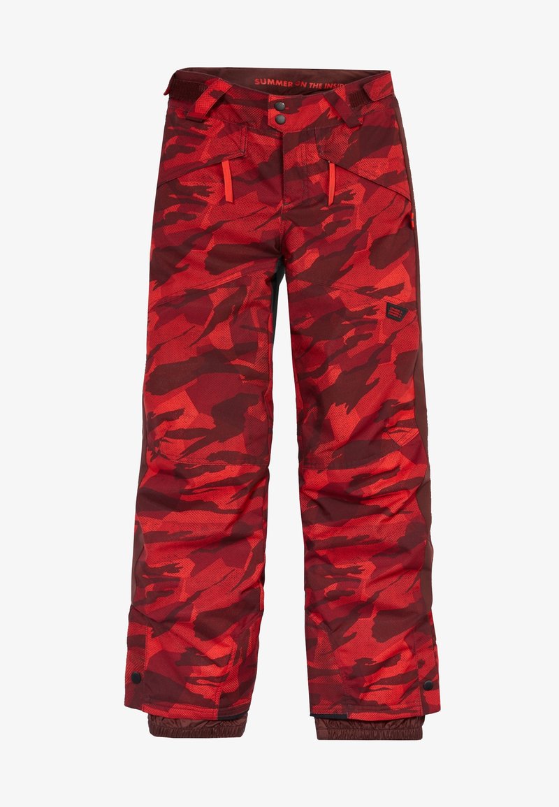 Pantalon de neige isolé rouge et rouge foncé à motif camouflage, avec poches zippées à l'avant, taille ajustable et bas de jambes renforcés.