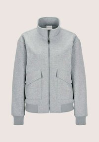 Hellgraue Zip-Jacke mit hohem Kragen, langen Ärmeln, gerippten Bündchen und Saum sowie zwei vorderen Klappentaschen.