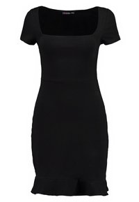 Svart åtsittande klänning med fyrkantig halsringning, korta ärmar och volangkant. Tillverkad av stretchy tyg för en slank silhuett.
