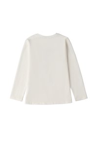 Langärmliges, leichtes Oberteil in Off-White mit einfachem Rundhalsausschnitt und gerader Schnittführung. Glatte Textur ohne Muster oder Verzierungen.
