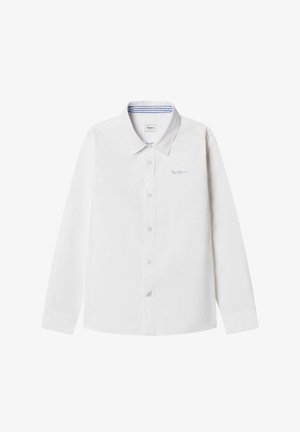 Wit katoenen overhemd met lange mouwen, voorzien van een button-down kraag, een blauw gestreepte binnenvoering en een subtiel geborduurd logo op de borst.