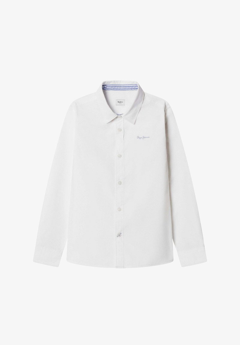 Valge pika varrukaga pluus, valmistatud puuvillast, millel on nööbitav krae, sinise triibuga sisevooder ja tagasihoidlik tikitud logo rinnal.