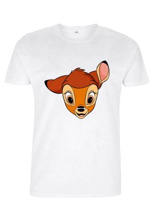 T-shirt bianco con una grafica in stile cartoon raffigurante il volto di un cervo, con tonalità arancioni e marroni, grandi occhi e orecchie prominenti.