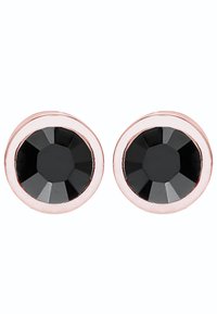 Rose gold øreringe med runde sorte facetterede sten, hver sat i en glat cirkulær bezel med en poleret finish.