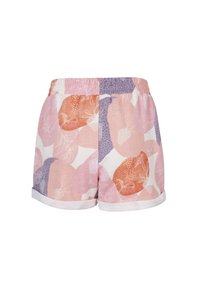 Shorts con cintura elástica y dobladillos enrollados, que presentan un patrón floral abstracto en tonos pastel de rosa, púrpura y melocotón sobre un fondo blanco.