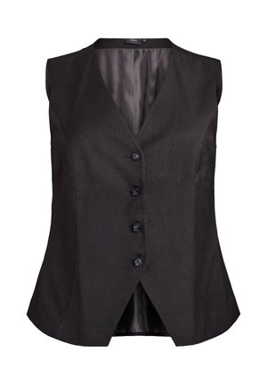 Chaleco sin mangas negro con un diseño ajustado, cinco botones frontales y un escote en V profundo. Tela suave con un ligero brillo y aberturas laterales.