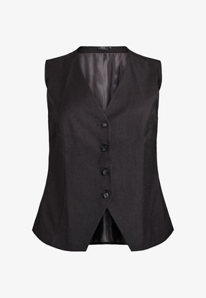 Black sleeveless vest with a fitted design, five front buttons, and a deep V-neck. Smooth fabric with a subtle sheen and side slits.