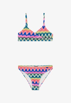 Twee-delig bikini set met een meerkleurig zigzagpatroon in roze, blauw en groen. Gemaakt van gladde, stretchy stof met dunne bandjes.