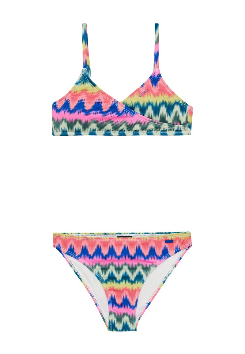 Twee-delig bikini set met een meerkleurig zigzagpatroon in roze, blauw en groen. Gemaakt van gladde, stretchy stof met dunne bandjes.