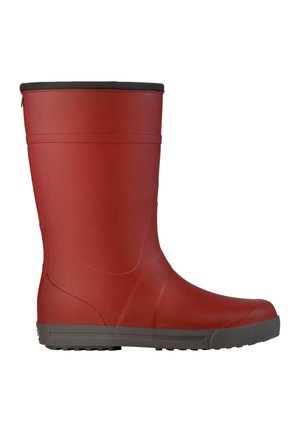 Red waterproof rubber boot with black sole and top trim, designed for outdoor or rainy weather use.