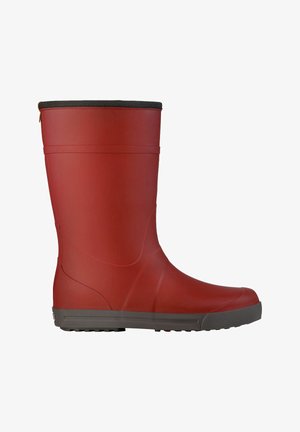 Roter wasserdichter Gummistiefel mit schwarzer Sohle und oberem Rand, für den Einsatz im Freien oder bei Regenwetter konzipiert.