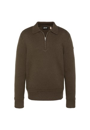 Pull marron en maille avec manches longues, ourlet et poignets côtelés, col et fermeture éclair sur le devant à mi-hauteur.
