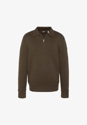 Schott, FANCY-KNIT ZIP-UP POLO NECK SWEATER - Pullover - vert