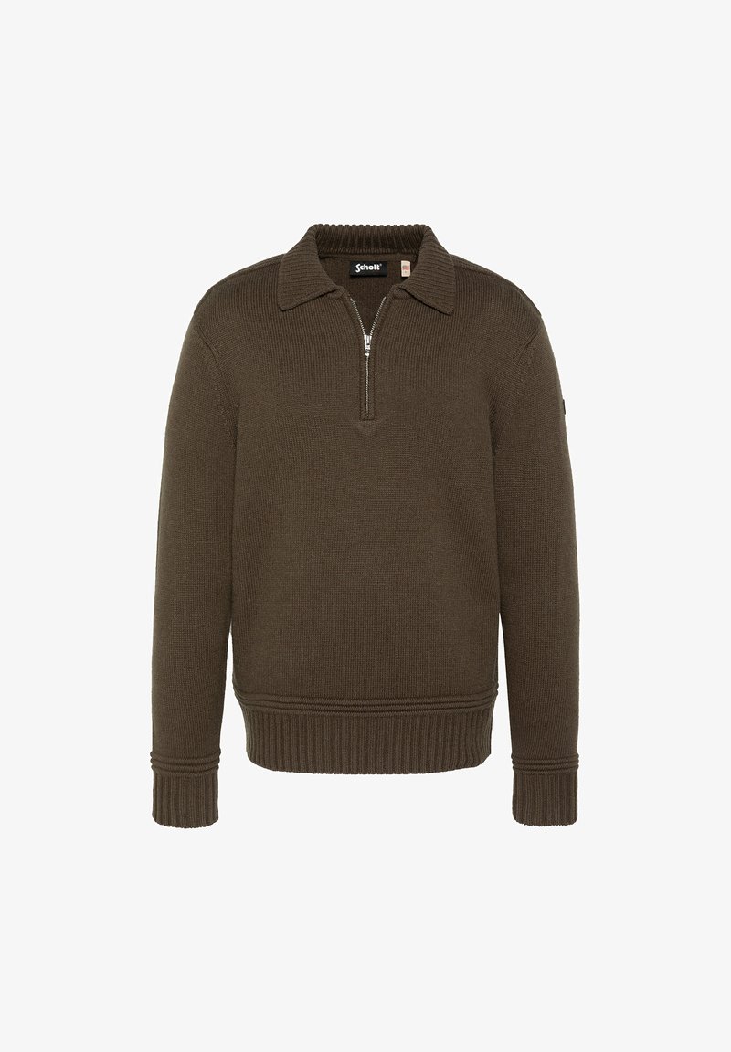 Pull marron en maille avec manches longues, ourlet et poignets côtelés, col et fermeture éclair sur le devant à mi-hauteur.